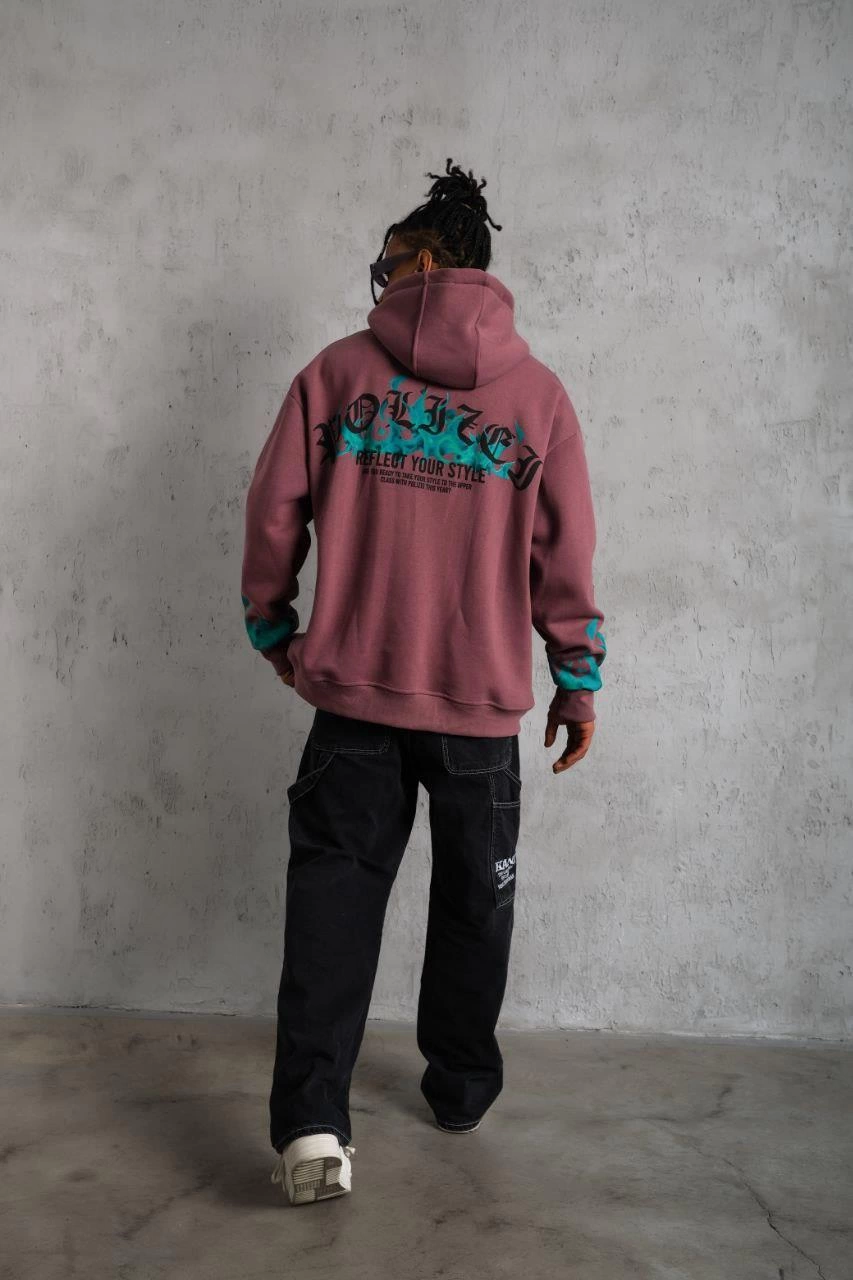 ASSEMA Erkek Üç İplik içi Pamuklu Alev Baskılı Kapüşonlu Sweatshirt - Gül Kurusu