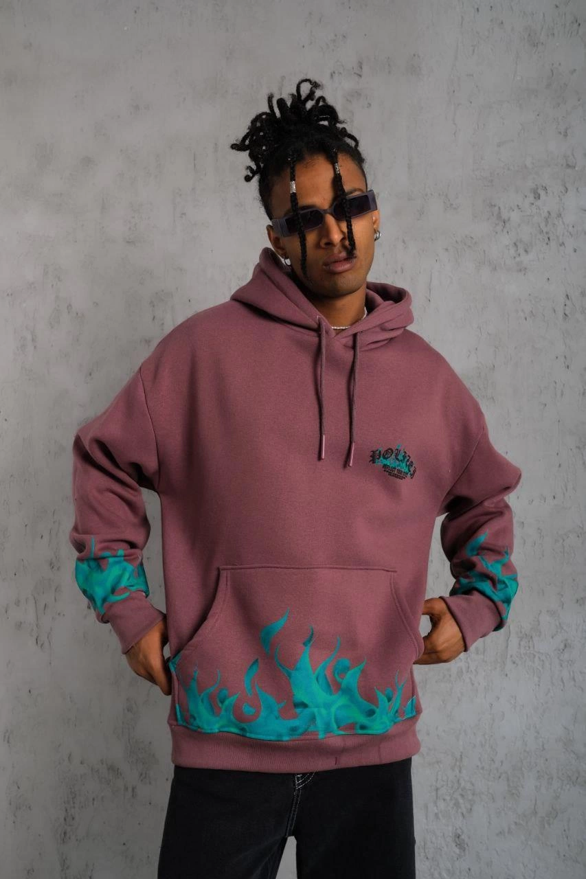 ASSEMA Erkek Üç İplik içi Pamuklu Alev Baskılı Kapüşonlu Sweatshirt - Gül Kurusu