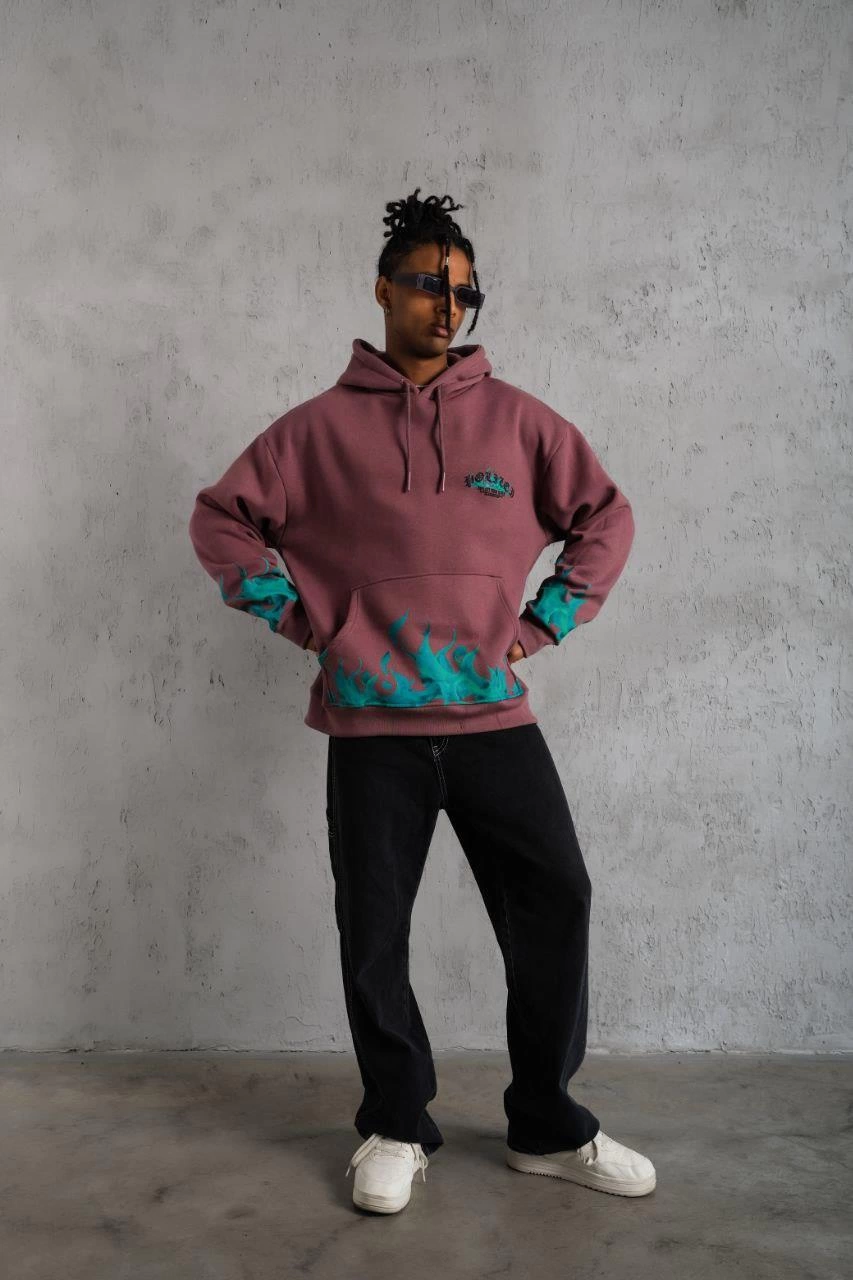 ASSEMA Erkek Üç İplik içi Pamuklu Alev Baskılı Kapüşonlu Sweatshirt - Gül Kurusu