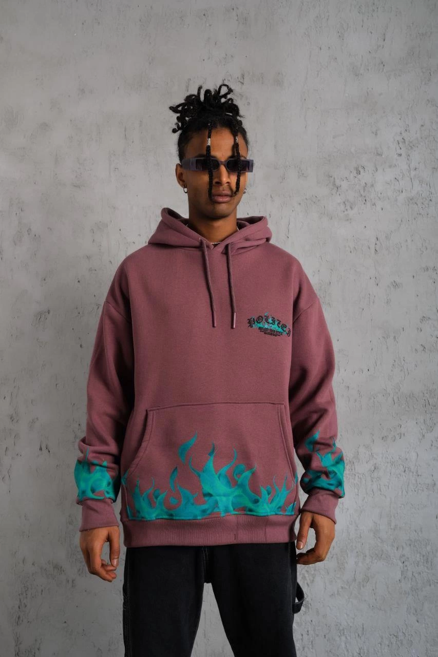 ASSEMA Erkek Üç İplik içi Pamuklu Alev Baskılı Kapüşonlu Sweatshirt - Gül Kurusu