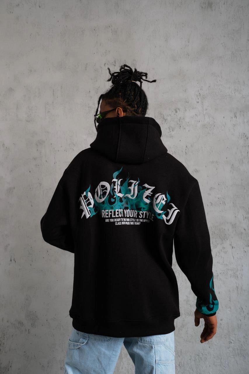 ASSEMA Erkek Üç İplik İçi Pamuklu Alev Baskılı Kapüşonlu Sweatshirt - Siyah