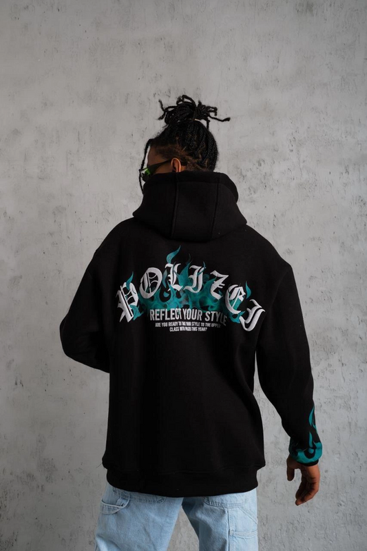 ASSEMA Erkek Üç İplik İçi Pamuklu Alev Baskılı Kapüşonlu Sweatshirt - Siyah