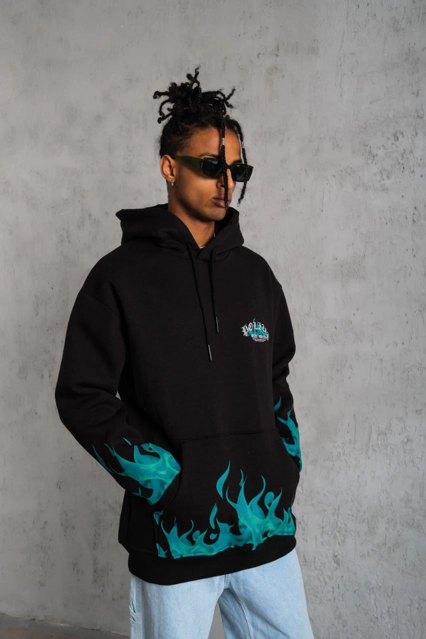 ASSEMA Erkek Üç İplik İçi Pamuklu Alev Baskılı Kapüşonlu Sweatshirt - Siyah