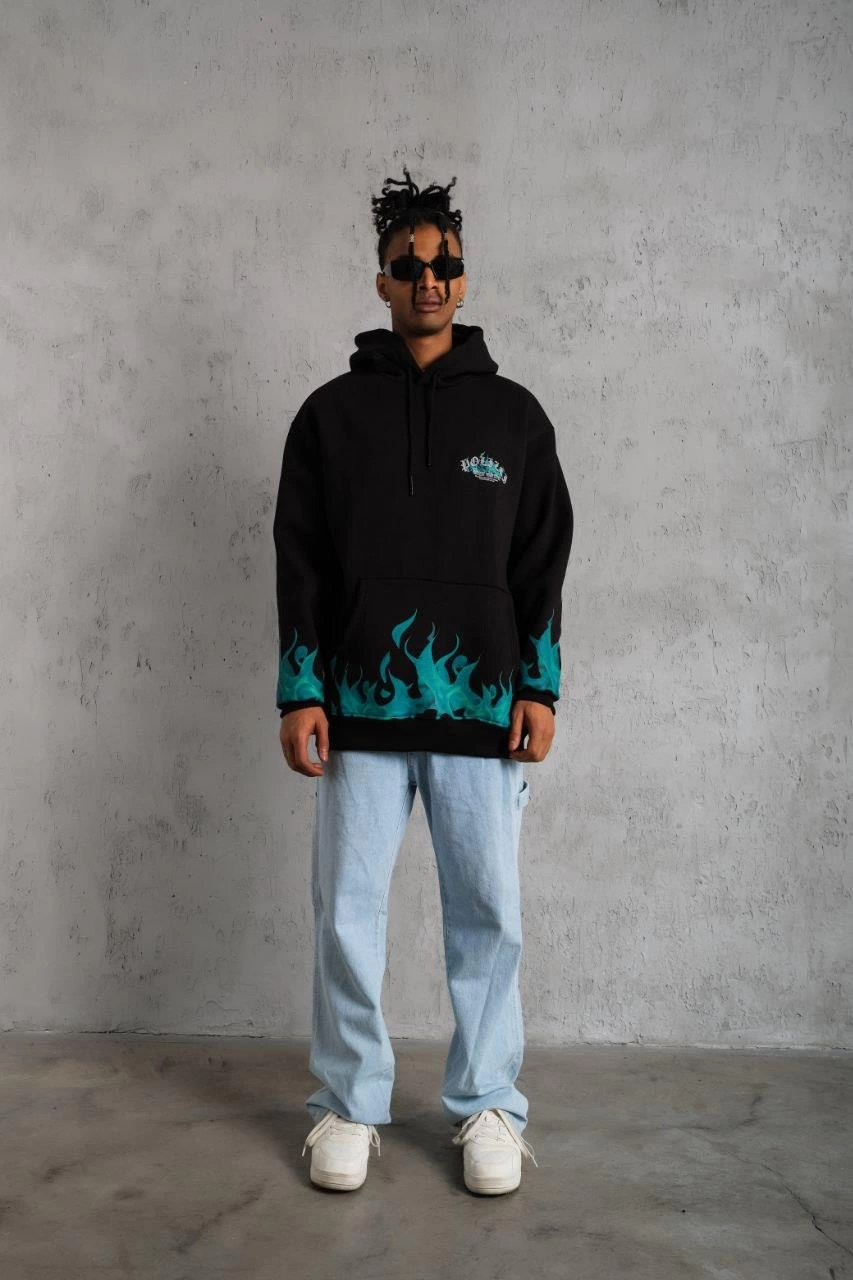 ASSEMA Erkek Üç İplik İçi Pamuklu Alev Baskılı Kapüşonlu Sweatshirt - Siyah