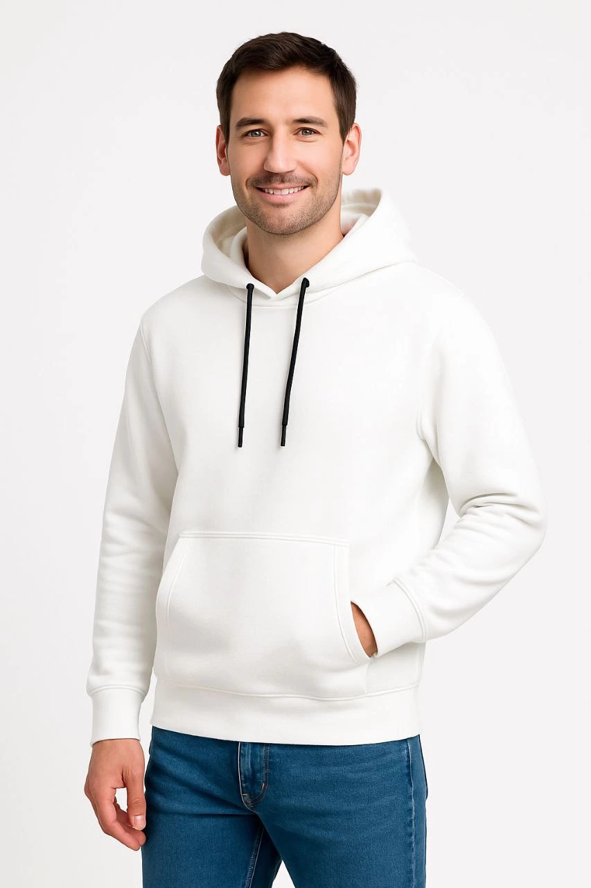 ASSEMA Erkek Üç İplik Kapüşonlu Kanguru Cepli SweatShirt hoodie - Beyaz