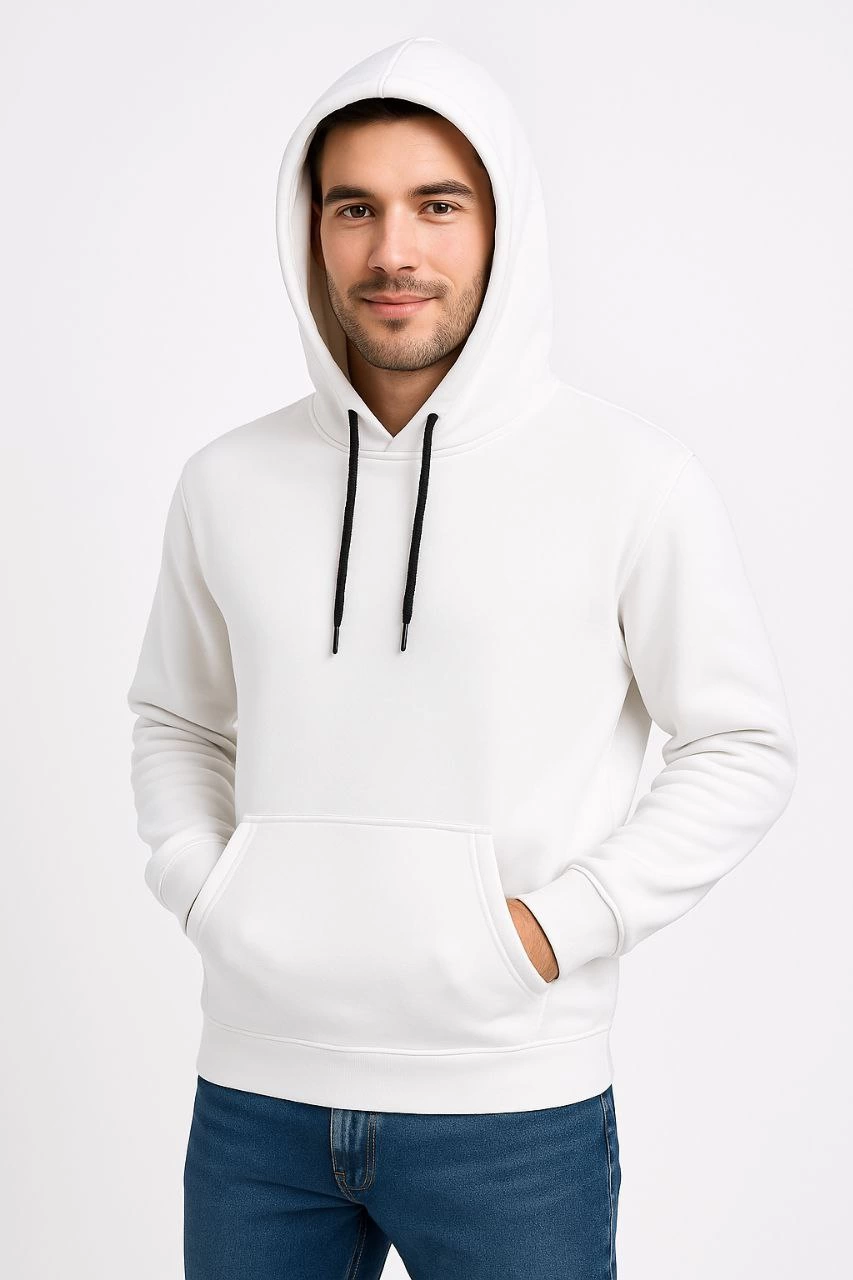 ASSEMA Erkek Üç İplik Kapüşonlu Kanguru Cepli SweatShirt hoodie - Beyaz