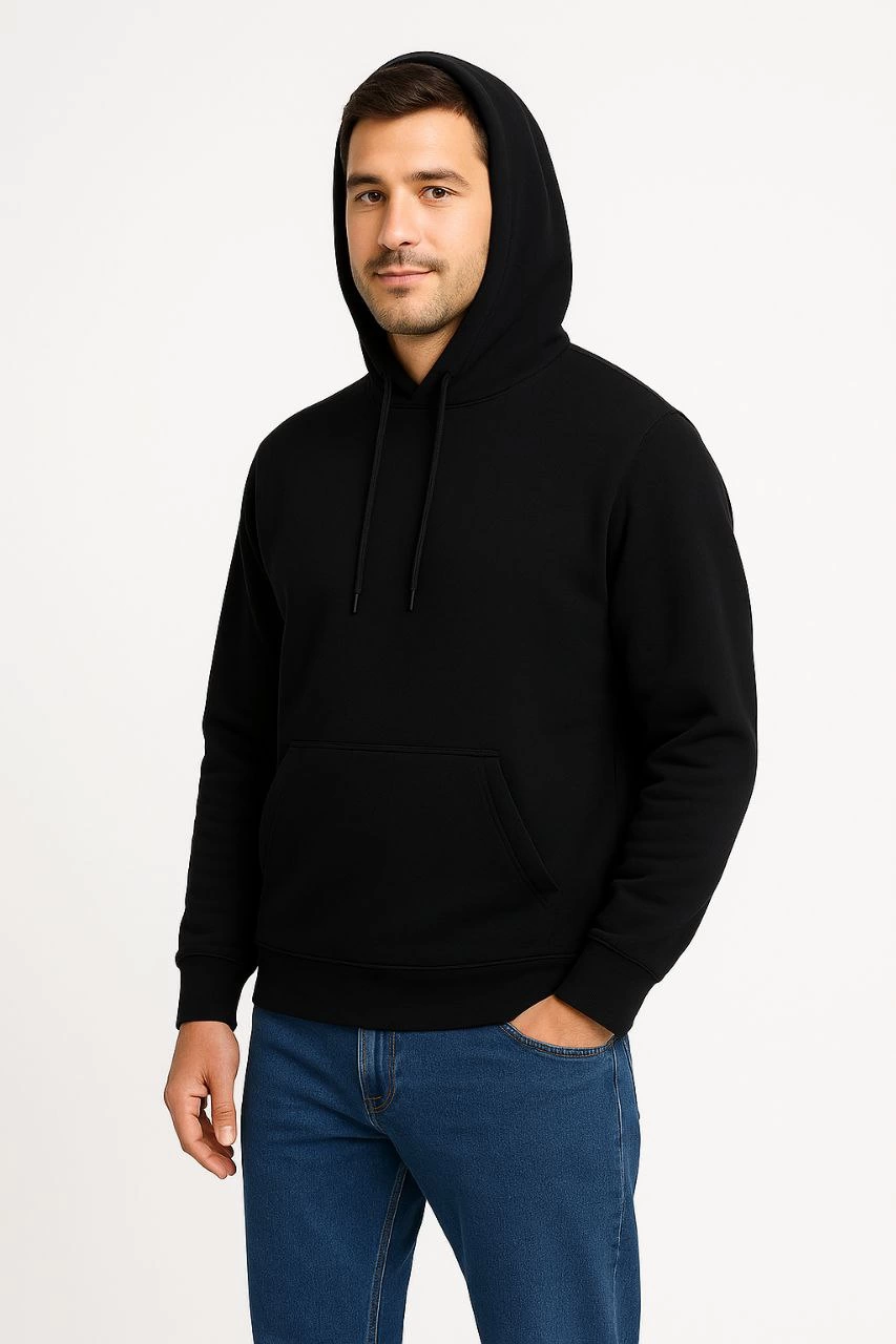ASSEMA Erkek Üç İplik Kapüşonlu Kanguru Cepli SweatShirt hoodie - Siyah
