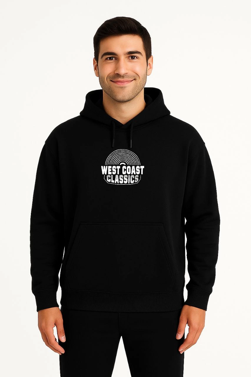 ASSEMA Erkek Kapşonlu Sweatshirt Oversize Üç İplik Şardonlu West Coast Classics Ön Arka - Siyah
