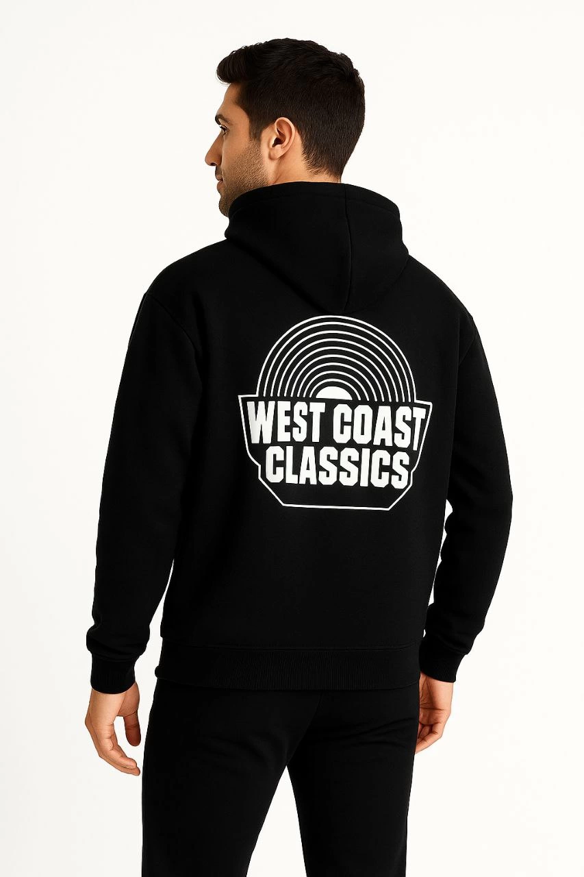 ASSEMA Erkek Kapşonlu Sweatshirt Oversize Üç İplik Şardonlu West Coast Classics Ön Arka - Siyah