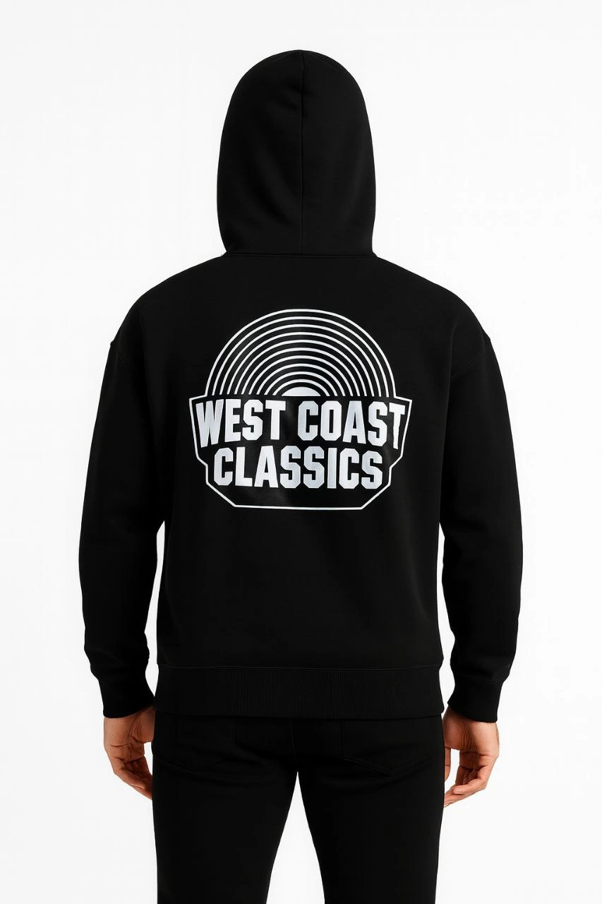 ASSEMA Erkek Kapşonlu Sweatshirt Oversize Üç İplik Şardonlu West Coast Classics Ön Arka - Siyah