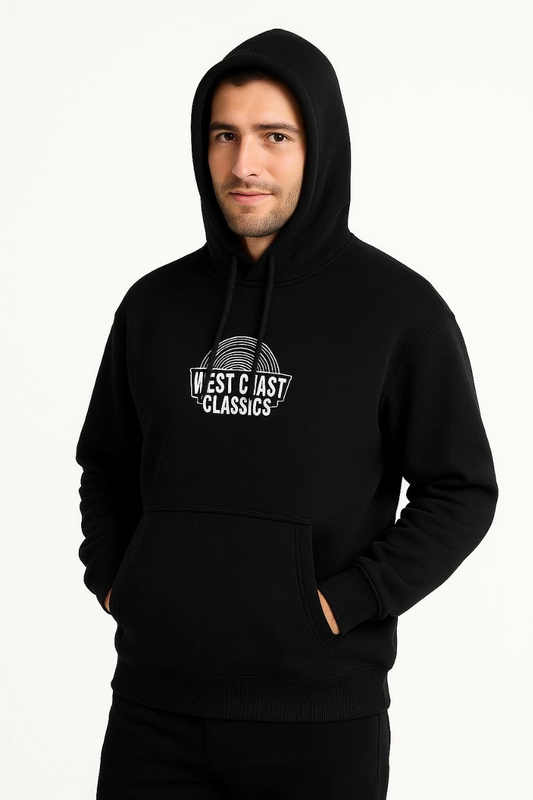 ASSEMA Erkek Kapşonlu Sweatshirt Oversize Üç İplik Şardonlu West Coast Classics Ön Arka - Siyah