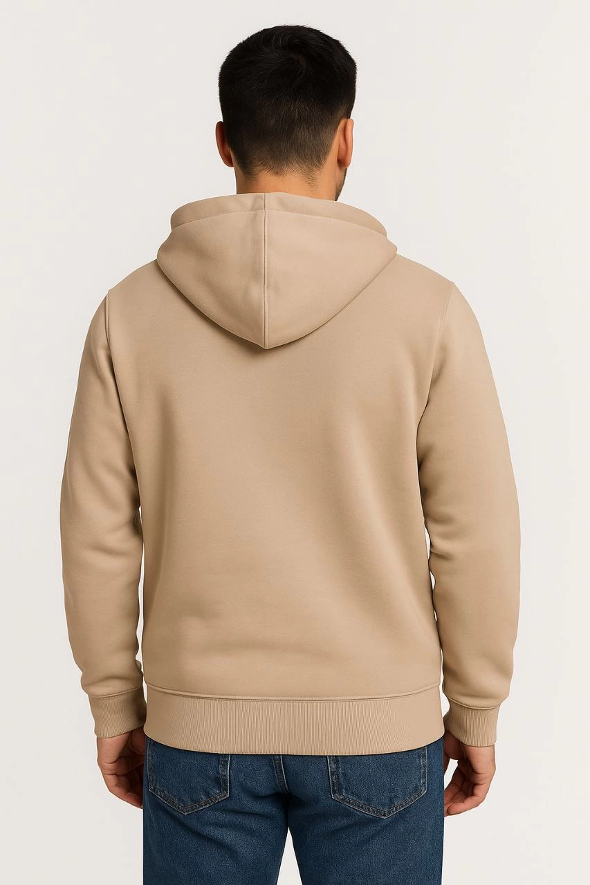 ASSEMA Erkek Üç İplik Kapüşonlu Tam Fermuarlı Kanguru Çepli SweatShirt Hoodie - Bej