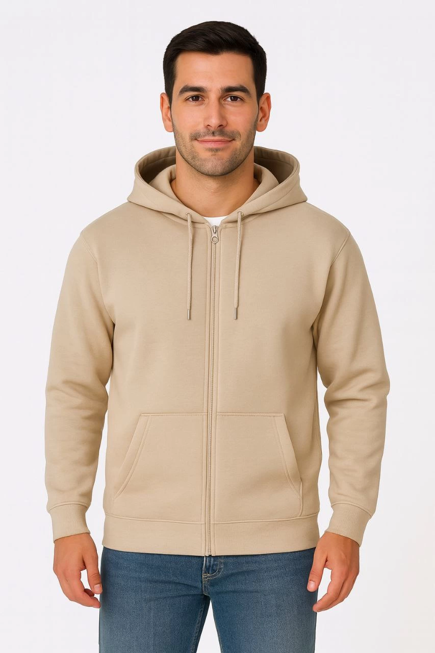ASSEMA Erkek Üç İplik Kapüşonlu Tam Fermuarlı Kanguru Çepli SweatShirt Hoodie - Bej