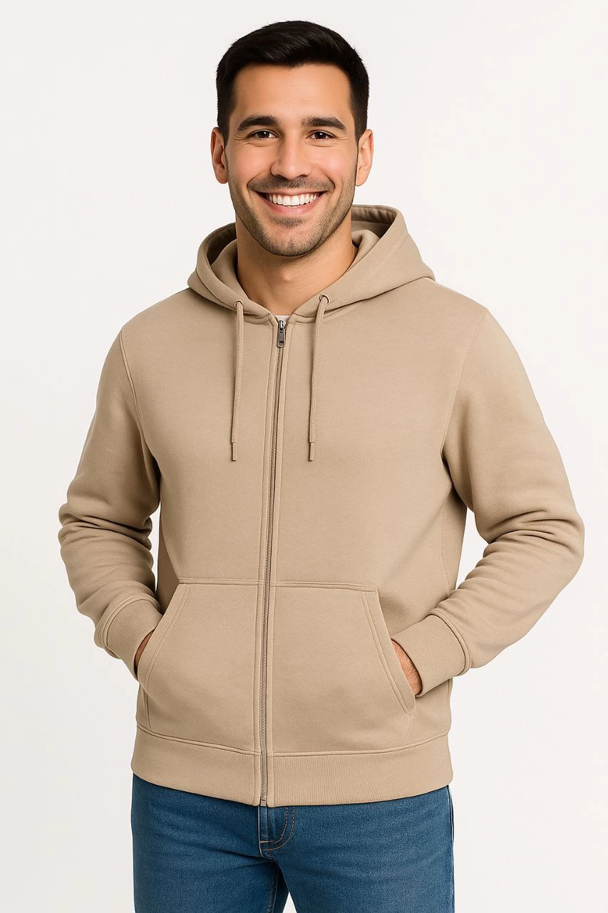 ASSEMA Erkek Üç İplik Kapüşonlu Tam Fermuarlı Kanguru Çepli SweatShirt Hoodie - Bej