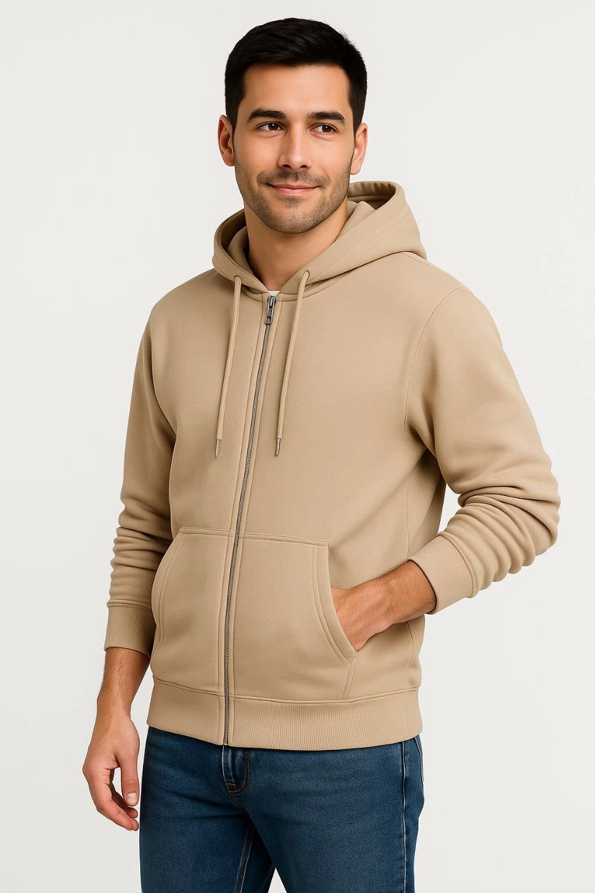 ASSEMA Erkek Üç İplik Kapüşonlu Tam Fermuarlı Kanguru Çepli SweatShirt Hoodie - Bej