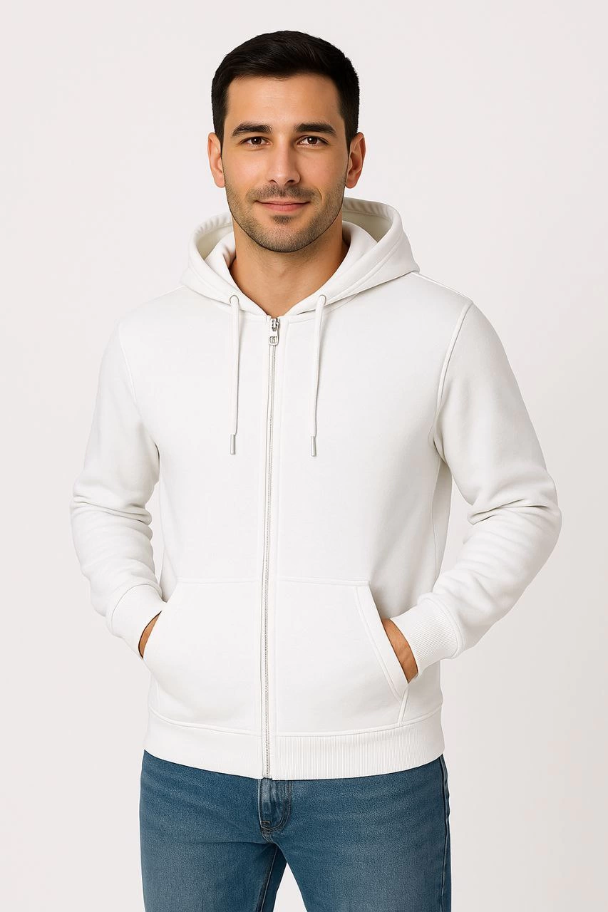ASSEMA Erkek Üç İplik Kapüşonlu Tam Fermuarlı Kanguru Cepli SweatShirt Hoodie - Beyaz