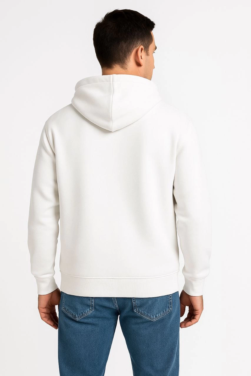 ASSEMA Erkek Üç İplik Kapüşonlu Tam Fermuarlı Kanguru Cepli SweatShirt Hoodie - Beyaz