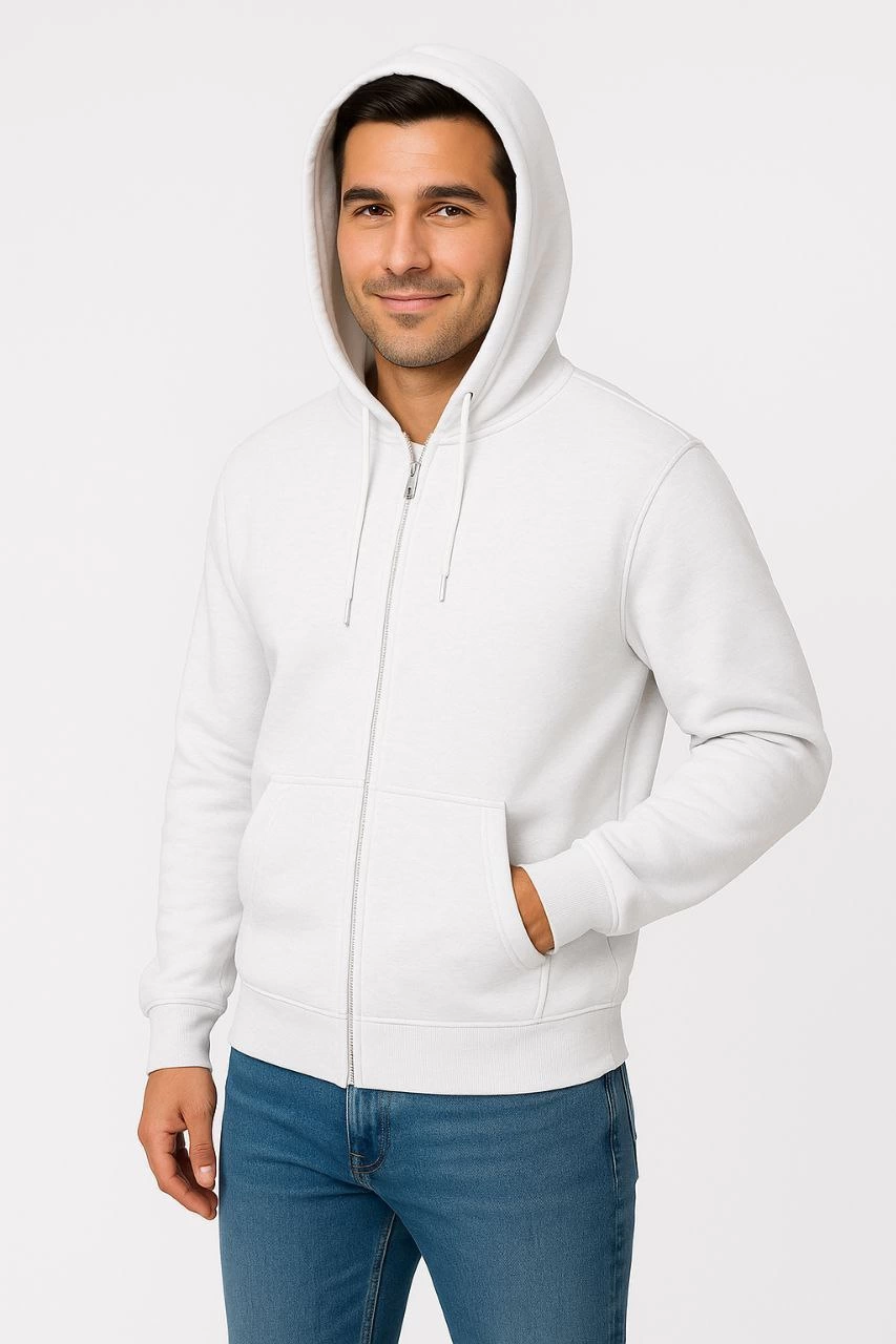 ASSEMA Erkek Üç İplik Kapüşonlu Tam Fermuarlı Kanguru Cepli SweatShirt Hoodie - Beyaz