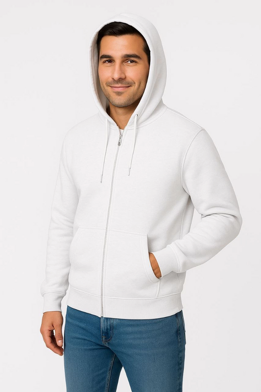ASSEMA Erkek Üç İplik Kapüşonlu Tam Fermuarlı Kanguru Cepli SweatShirt Hoodie - Beyaz