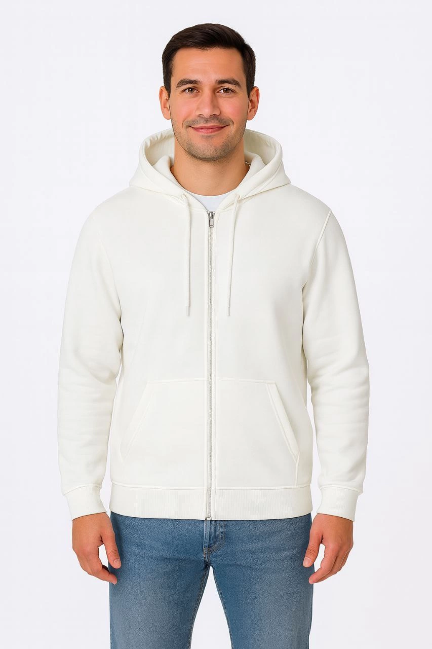 ASSEMA Erkek Üç İplik Kapüşonlu Tam Fermuarlı Kanguru Cepli SweatShirt Hoodie - Beyaz