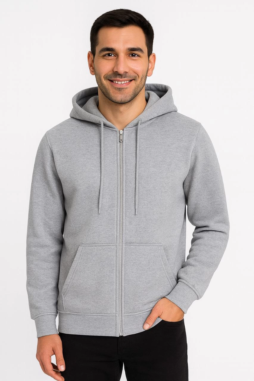 ASSEMA Erkek Üç İplik Kapüşonlu Tam Fermuarlı Kanguru Çepli SweatShirt Hoodie - Gri