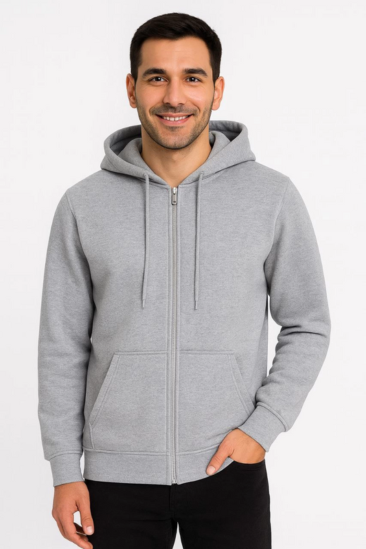 ASSEMA Erkek Üç İplik Kapüşonlu Tam Fermuarlı Kanguru Çepli SweatShirt Hoodie - Gri