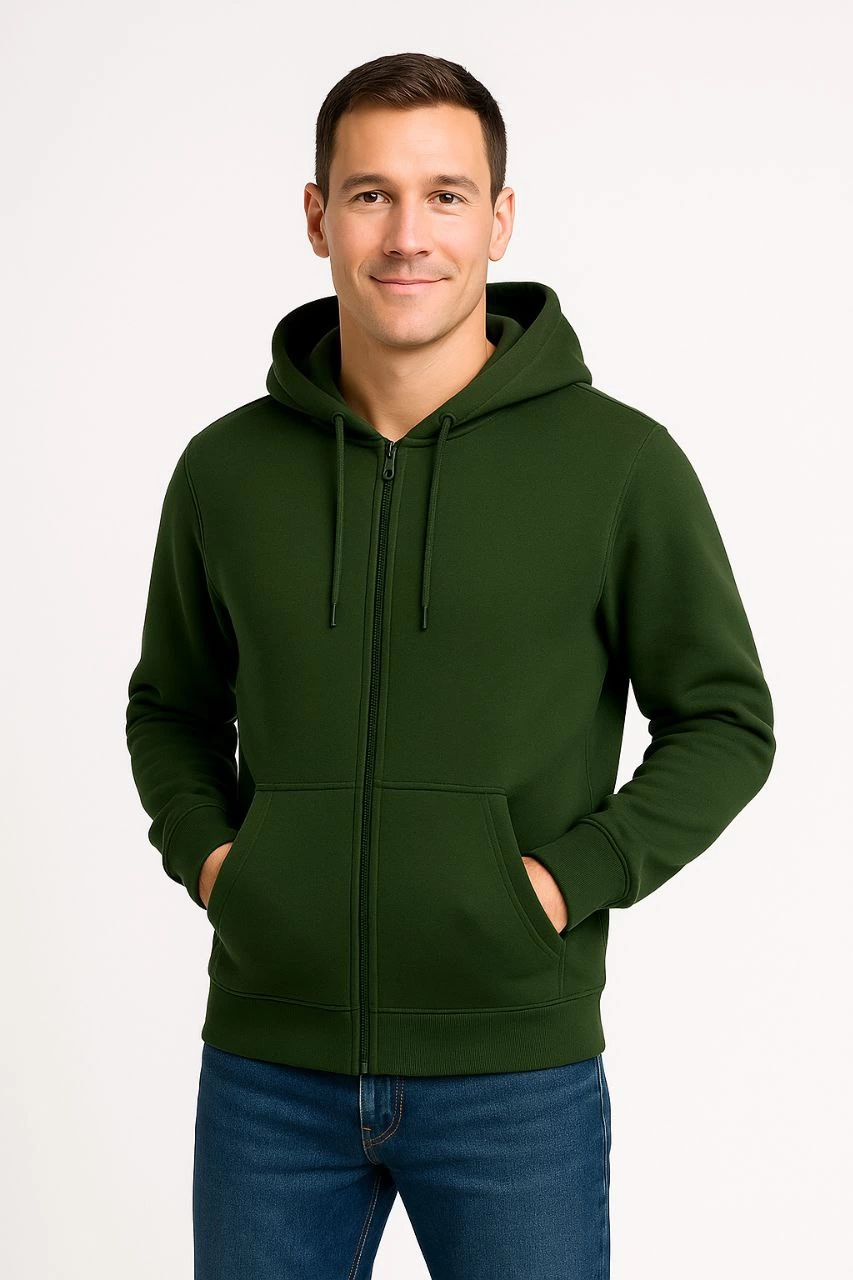 ASSEMA Erkek Üç İplik Kapüşonlu Tam Fermuarlı Kanguru Cepli Sweatshirt Hoodie - Haki