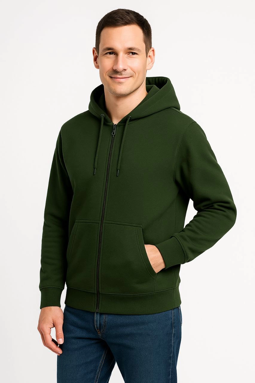 ASSEMA Erkek Üç İplik Kapüşonlu Tam Fermuarlı Kanguru Cepli Sweatshirt Hoodie - Haki