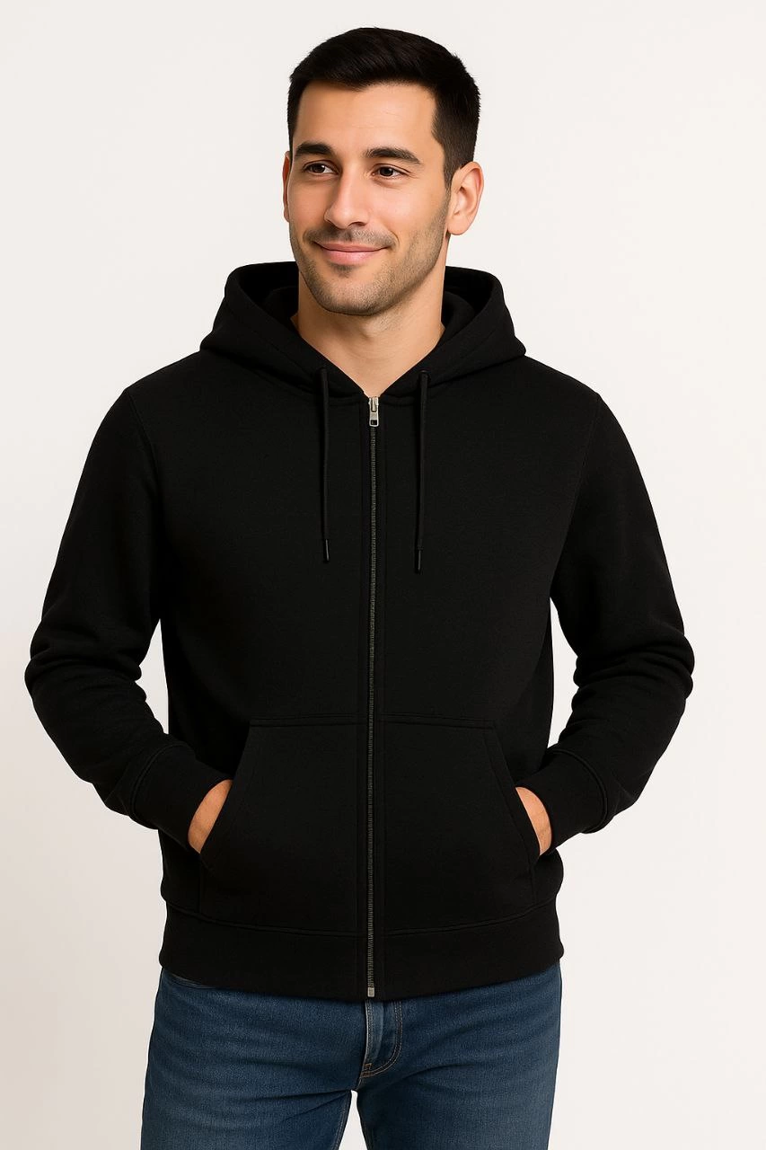 ASSEMA Erkek Üç İplik Kapüşonlu Tam Fermuarlı Kanguru Çepli SweatShirt Hoodie - Siyah