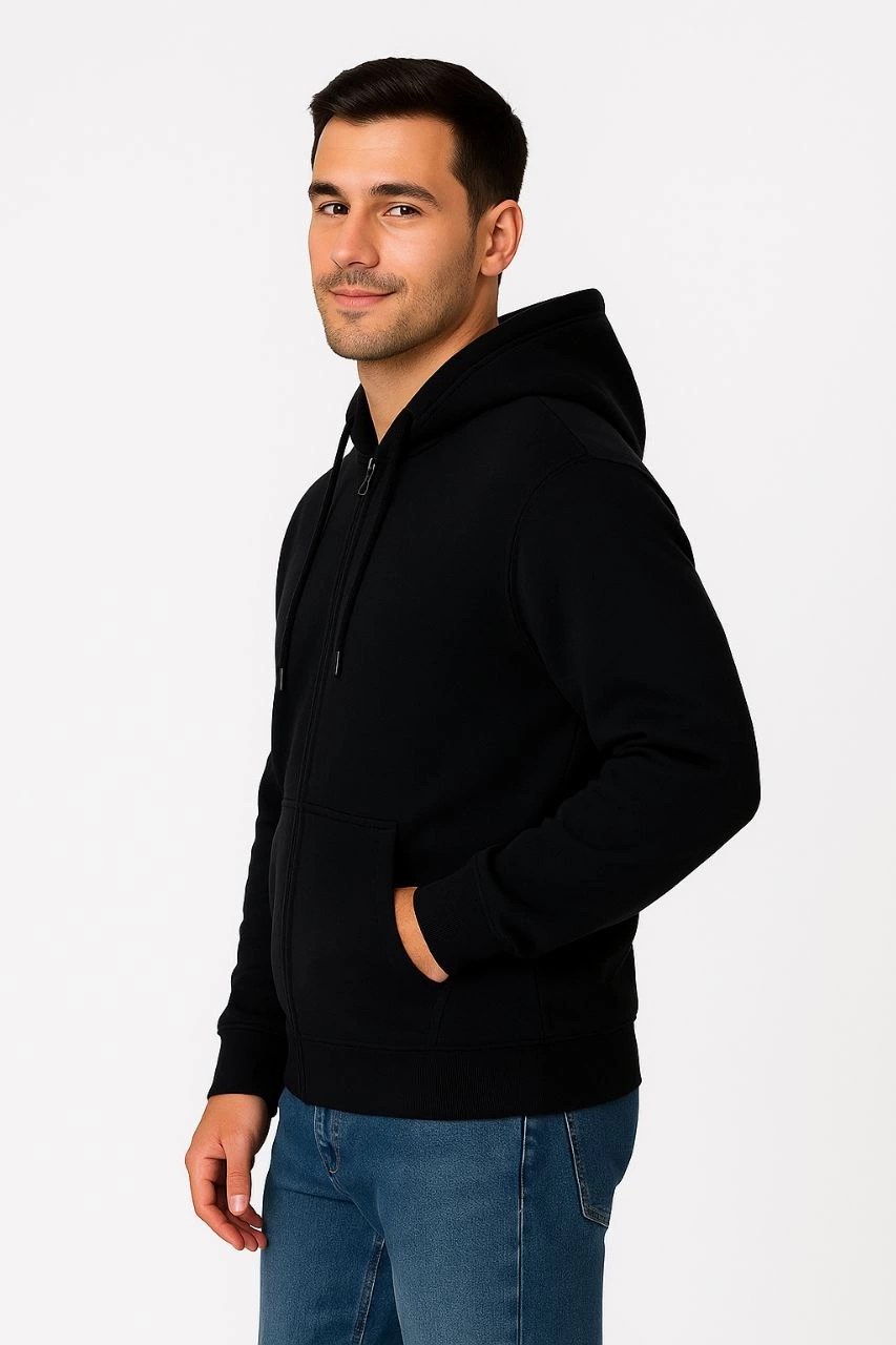 ASSEMA Erkek Üç İplik Kapüşonlu Tam Fermuarlı Kanguru Çepli SweatShirt Hoodie - Siyah