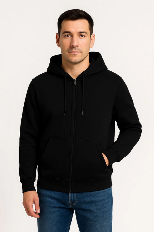 ASSEMA Erkek Üç İplik Kapüşonlu Tam Fermuarlı Kanguru Çepli SweatShirt Hoodie - Siyah