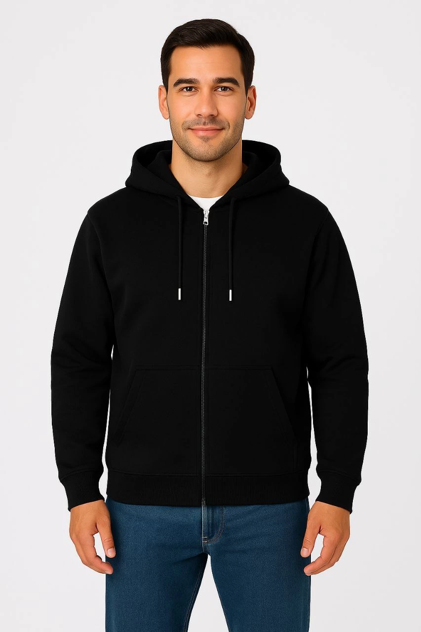 ASSEMA Erkek Üç İplik Kapüşonlu Tam Fermuarlı Kanguru Çepli SweatShirt Hoodie - Siyah