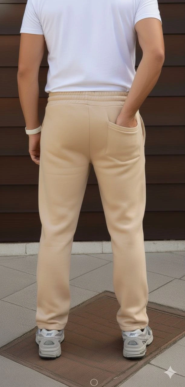 ASSEMA Erkek Üç iplik Kışlık Pamuklu Ovarsize Bağcıklı Düz Paça Cepli Eşofman Altı Pantolon - Bej