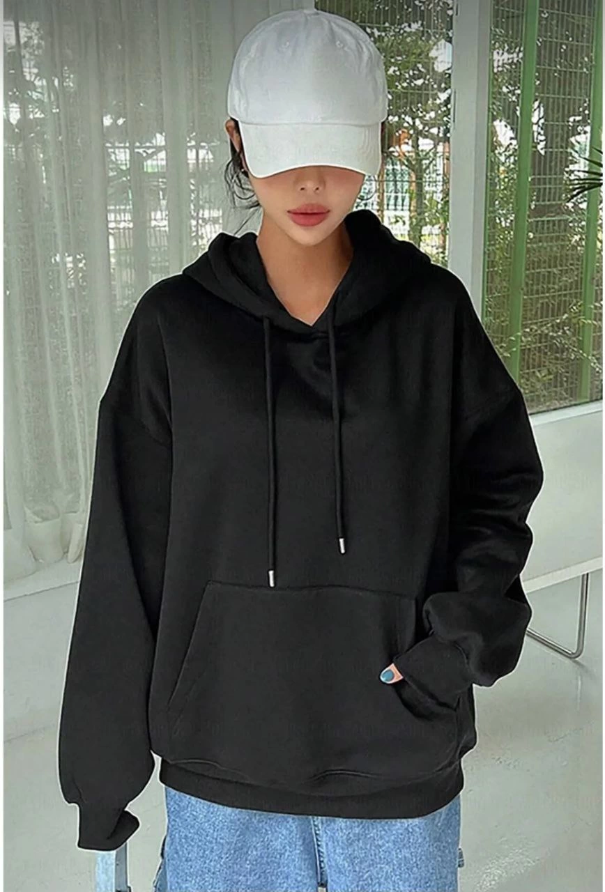 ASSEMA Kadın Uzun Kol Kapşonlu Basic Sweatshirt hoodie - Siyah