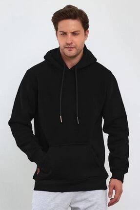 ASSEMA Erkek Uzun Kol Kapşonlu Basic Sweatshirt hoodie - Siyah