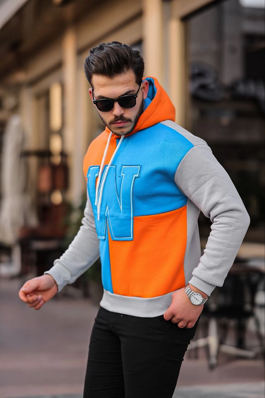 ASSEMA Erkek W Nakış İşlemeli Kapüşonlu üç iplik pamuklu  Sweatshirt - Mavi