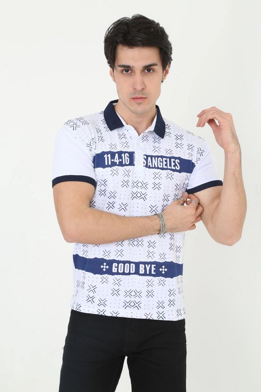ASSEMA Erkek Yakalı tişort Slim Fit Baskılı Kısa kol T-Shirt - Beyaz
