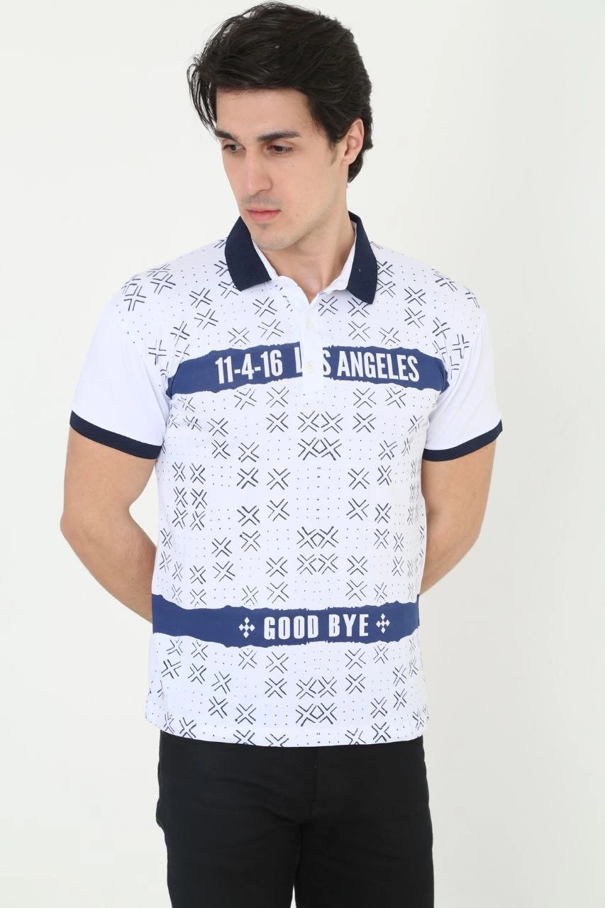 ASSEMA Erkek Yakalı tişort Slim Fit Baskılı Kısa kol T-Shirt - Beyaz