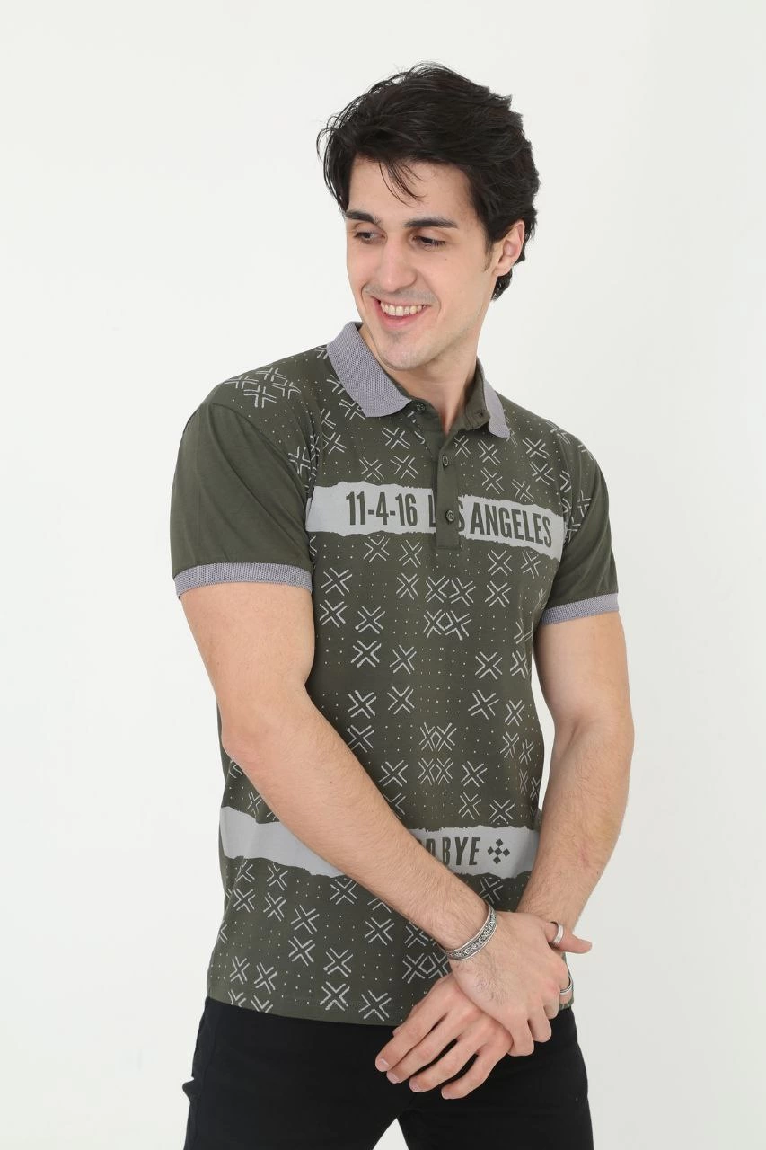 ASSEMA Erkek Yakalı tişort Slim Fit Baskılı Kısa kol T-Shirt - Haki
