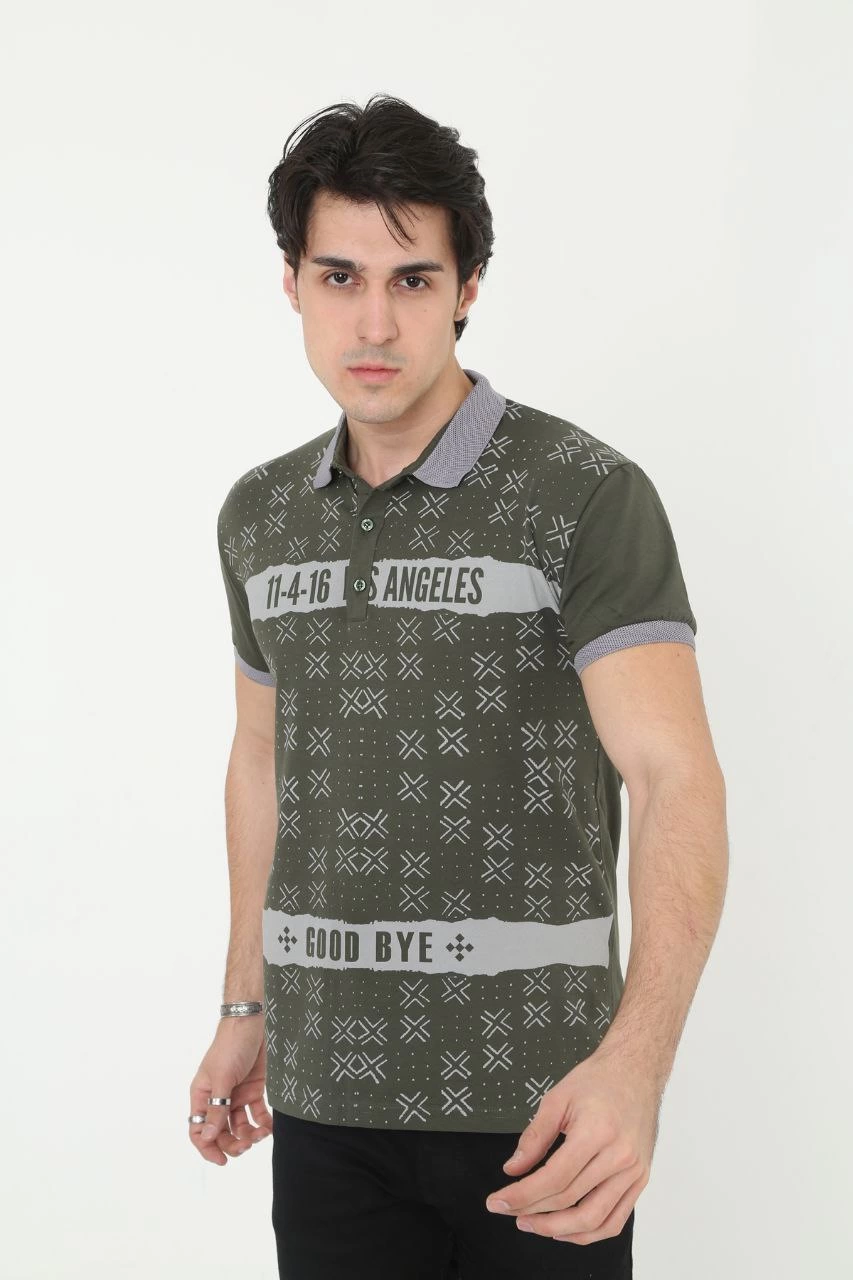 ASSEMA Erkek Yakalı tişort Slim Fit Baskılı Kısa kol T-Shirt - Haki