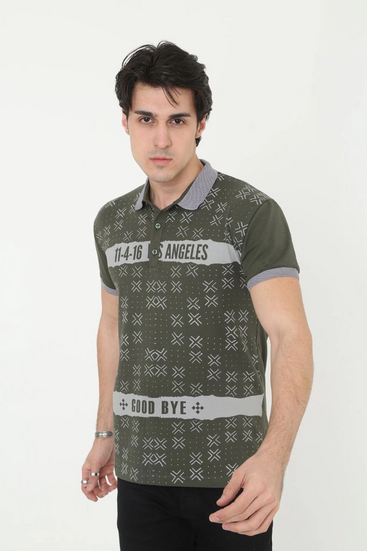 ASSEMA Erkek Yakalı tişort Slim Fit Baskılı Kısa kol T-Shirt - Haki