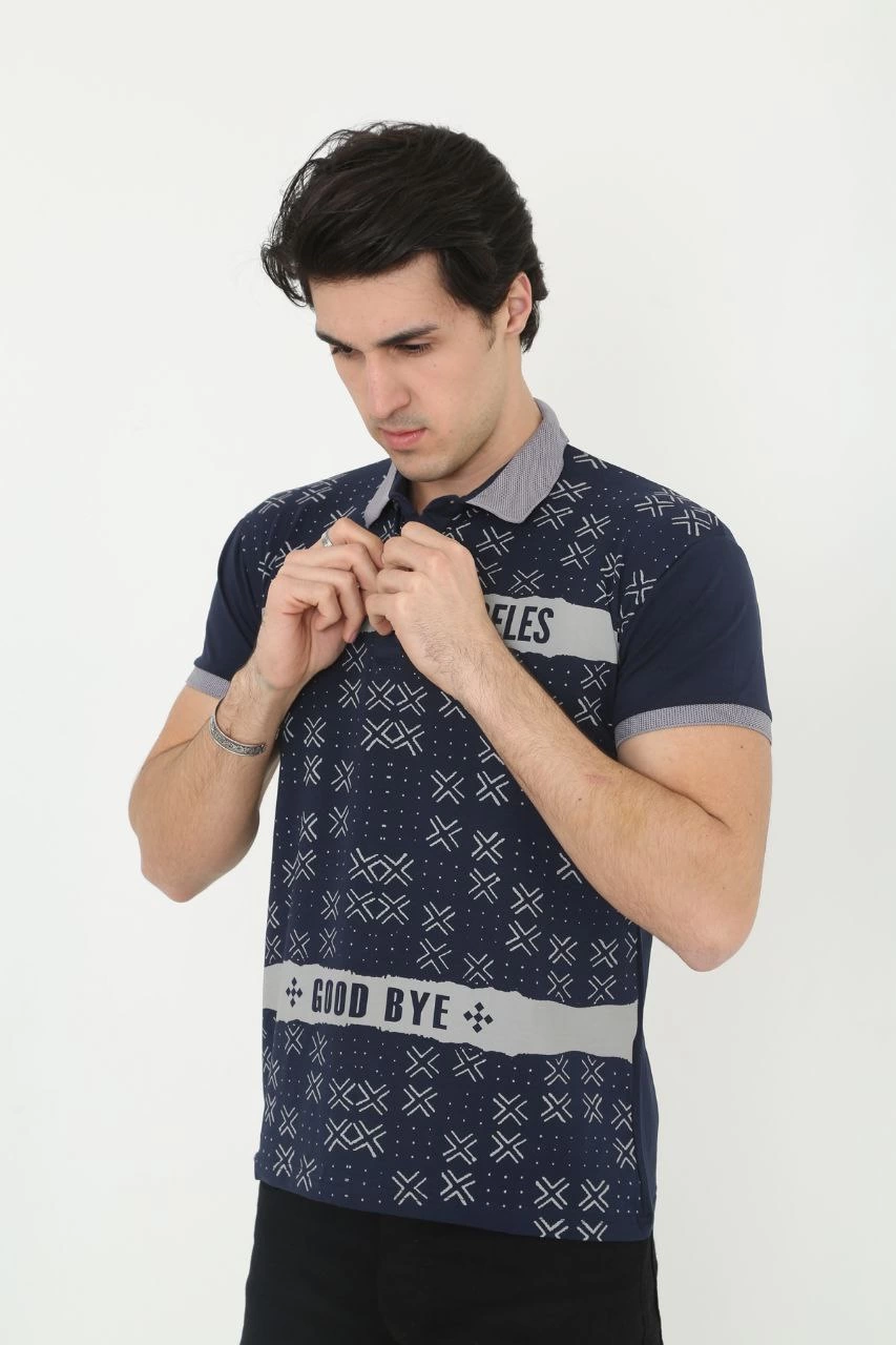 ASSEMA Erkek Yakalı tişort Slim Fit Baskılı Kısa kol T-Shirt - Lacivert