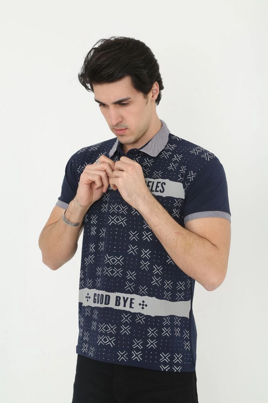 ASSEMA Erkek Yakalı tişort Slim Fit Baskılı Kısa kol T-Shirt - Lacivert