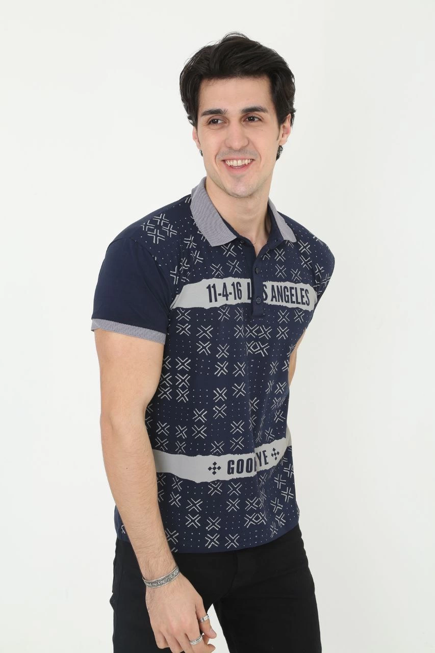 ASSEMA Erkek Yakalı tişort Slim Fit Baskılı Kısa kol T-Shirt - Lacivert