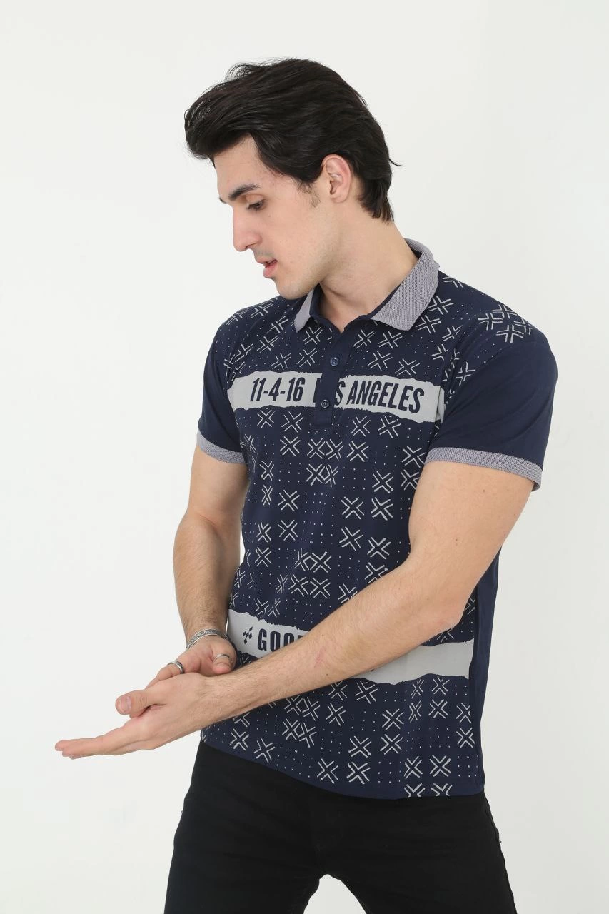 ASSEMA Erkek Yakalı tişort Slim Fit Baskılı Kısa kol T-Shirt - Lacivert