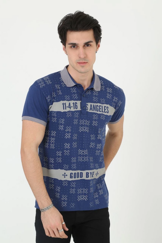 ASSEMA Erkek Yakalı tişort Slim Fit Baskılı Kısa kol T-Shirt - Mavi