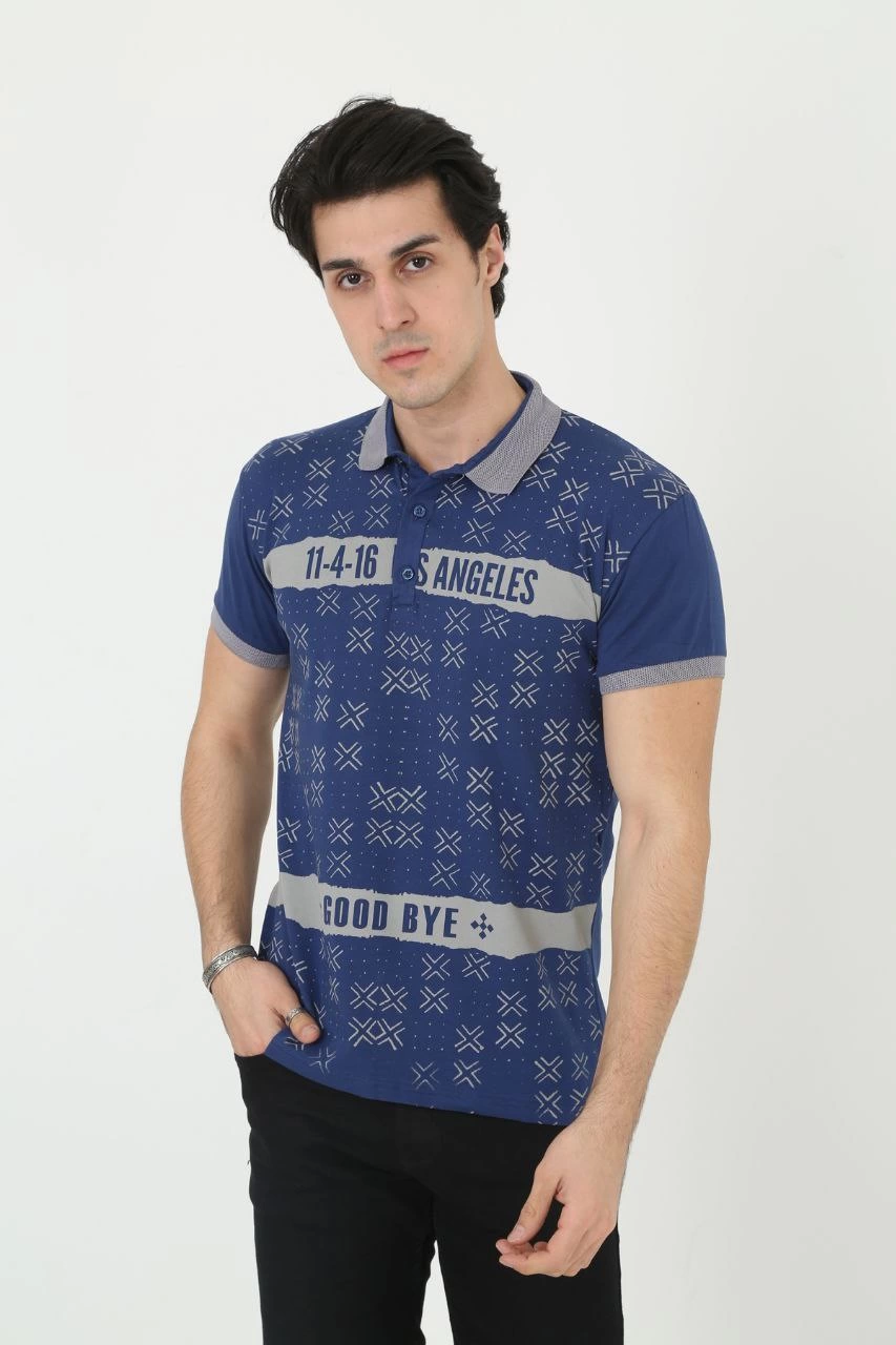 ASSEMA Erkek Yakalı tişort Slim Fit Baskılı Kısa kol T-Shirt - Mavi