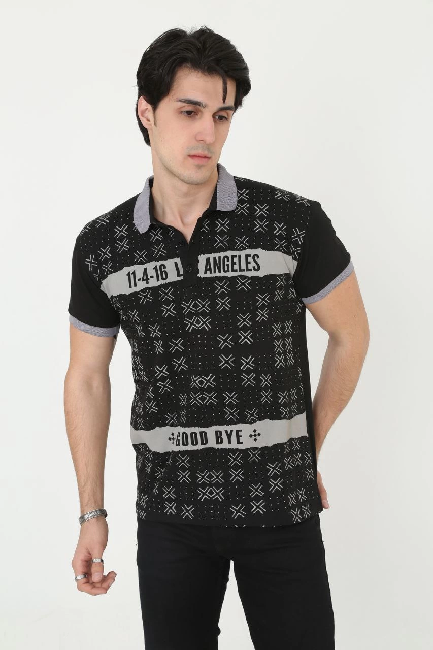 ASSEMA Erkek Yakalı tişort Slim Fit Baskılı Kısa kol T-Shirt - Siyah