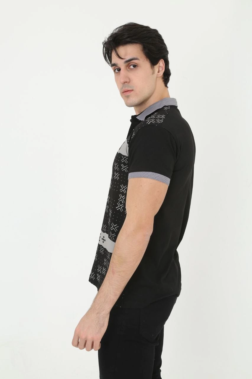 ASSEMA Erkek Yakalı tişort Slim Fit Baskılı Kısa kol T-Shirt - Siyah