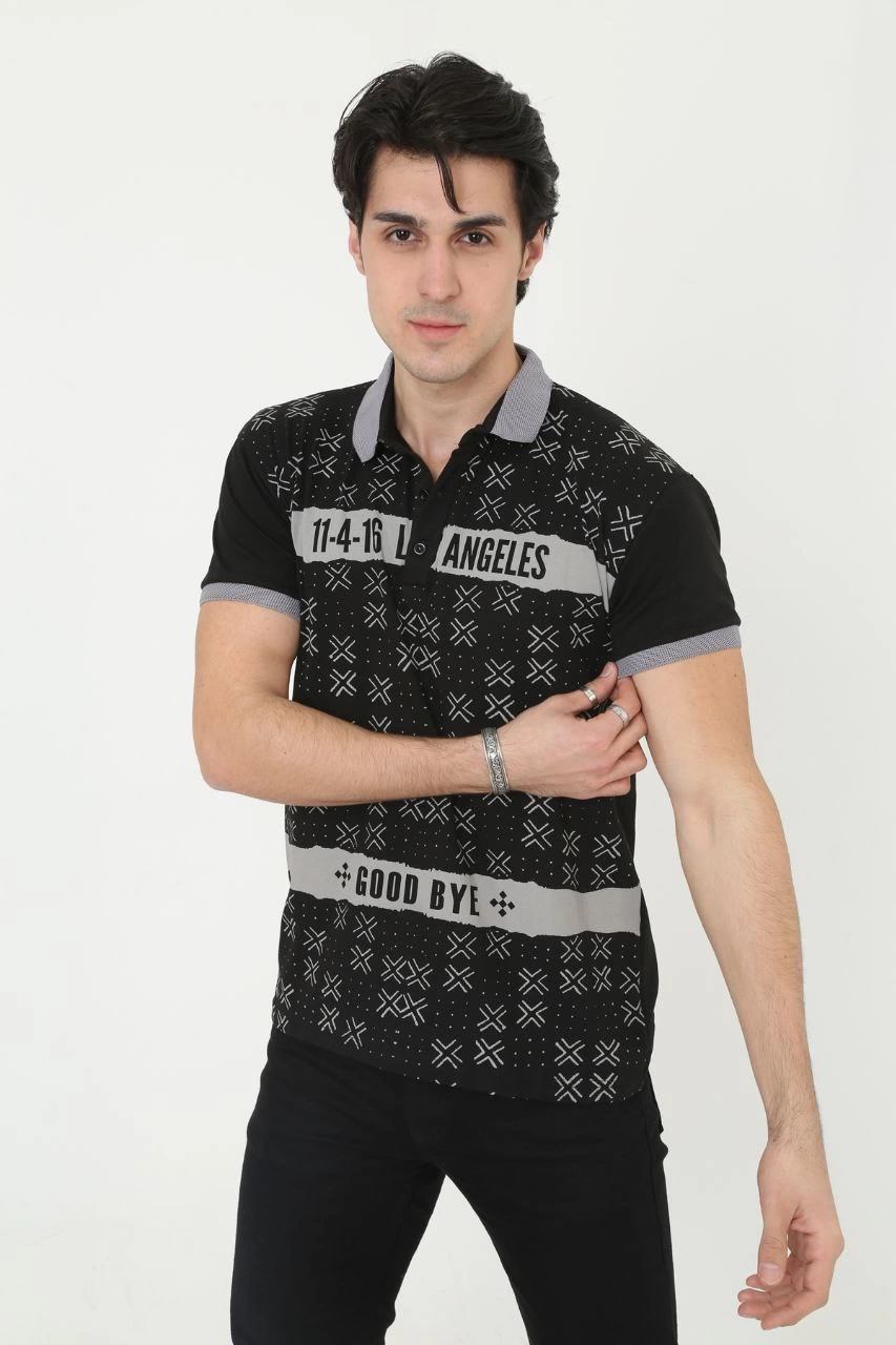 ASSEMA Erkek Yakalı tişort Slim Fit Baskılı Kısa kol T-Shirt - Siyah